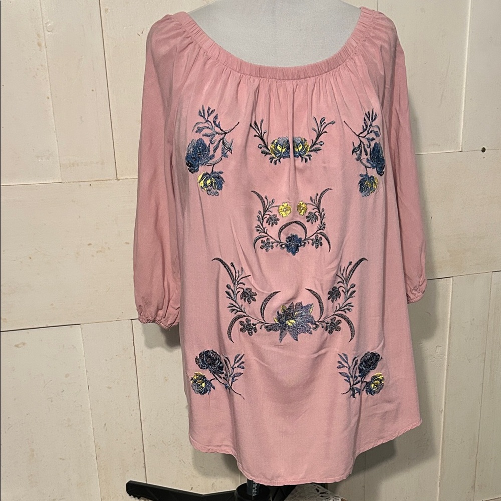 Indigo Thread Embroidered Peasant Blouse Hippie Boho Cottagecore Romantic Chic